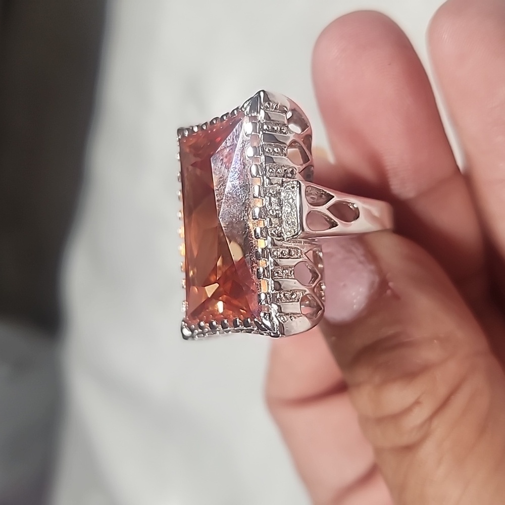 Sterling Silver 925 Cocktail Ring With Emerald-cut Orange Stone.  Size 6